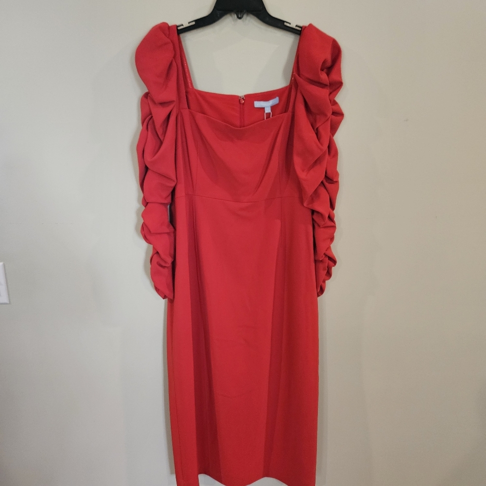 NWT Antonio Melani Elena Crepe Square Neck Midi Dress: Scarlet Red: Size- 12